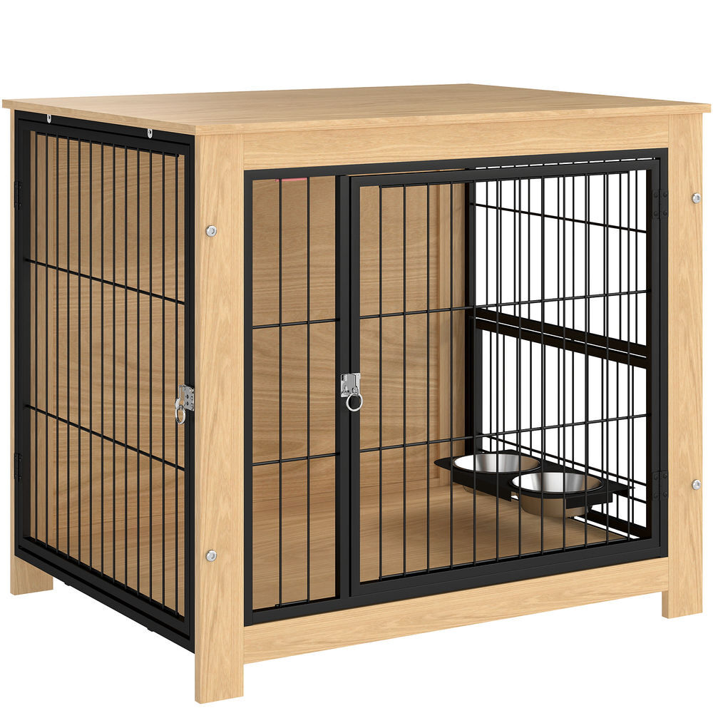 Pawhut jaula para perros mesa auxiliar moderna casa para mascotas con 2 puertas soporte giratorio con 2 tazones y estructura de acero para perros medianos 80x60x68 cm roble