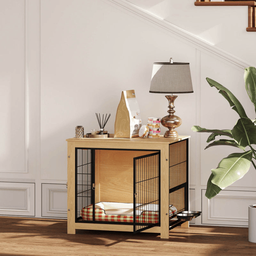 PawHut Gaiola para Cães Mesa Auxiliar Moderna Casa para Animais com 2 Portas Suporte Giratório com 2 Tigelas e Estrutura de Aço para Cães Médios 80x60x68 cm Carvalho