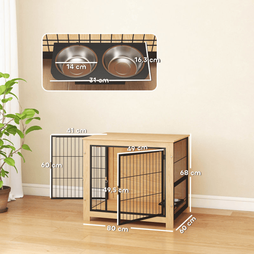 PawHut Gaiola para Cães Mesa Auxiliar Moderna Casa para Animais com 2 Portas Suporte Giratório com 2 Tigelas e Estrutura de Aço para Cães Médios 80x60x68 cm Carvalho