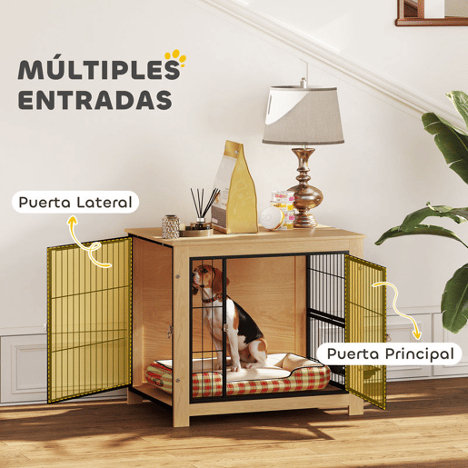 PawHut Gaiola para Cães Mesa Auxiliar Moderna Casa para Animais com 2 Portas Suporte Giratório com 2 Tigelas e Estrutura de Aço para Cães Médios 80x60x68 cm Carvalho