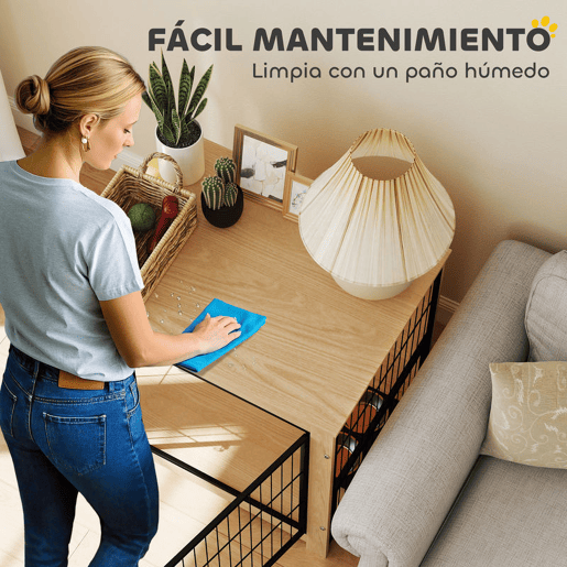 PawHut Gaiola para Cães Mesa Auxiliar Moderna Casa para Animais com 2 Portas Suporte Giratório com 2 Tigelas e Estrutura de Aço para Cães Médios 80x60x68 cm Carvalho