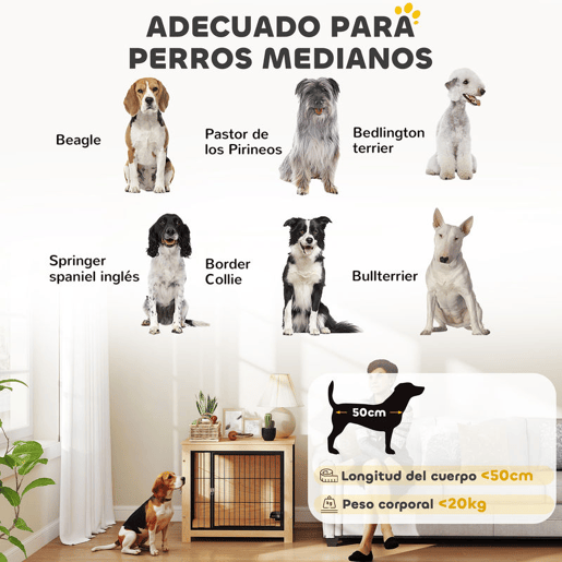 PawHut Gaiola para Cães Mesa Auxiliar Moderna Casa para Animais com 2 Portas Suporte Giratório com 2 Tigelas e Estrutura de Aço para Cães Médios 80x60x68 cm Carvalho