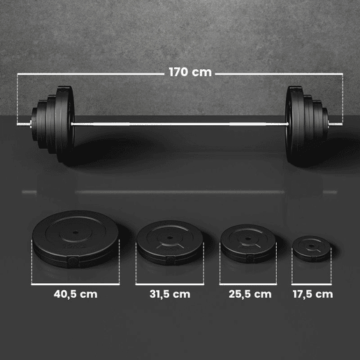 HOMCOM Barra de Pesos 70 kg com Halteres Conjunto de Pesos Ajustáveis com 8 Discos de 1,5kg 5kg 10kg 15kg e 1 Barra para Treino de Força em Casa Ginásio ou Escritório 170x40,5x40,5 cm Preto