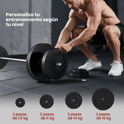 HOMCOM Barra de Pesos 70 kg com Halteres Conjunto de Pesos Ajustáveis com 8 Discos de 1,5kg 5kg 10kg 15kg e 1 Barra para Treino de Força em Casa Ginásio ou Escritório 170x40,5x40,5 cm Preto