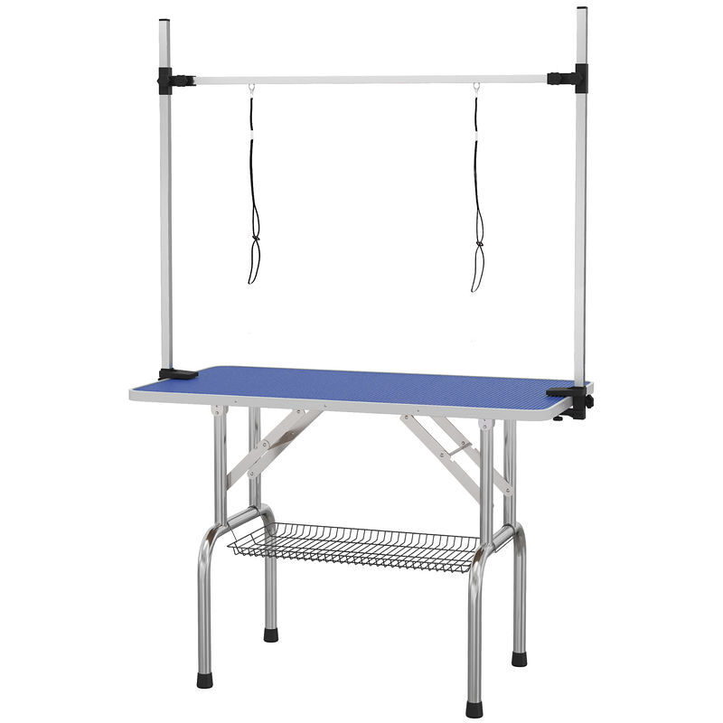 Pawhut mesa de peluquería canina plegable, mesa de aseo con cesta de rejilla metálica, encimera antideslizante, barra de acero inoxidable ajustable, para perros, gatos, 107x60x164 cm, azul
