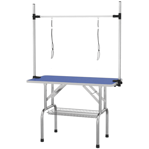 PawHut Mesa de Tosquia para Animais de Estimação Mesa de Tosquia para Cães Dobrável com Prateleira de Armazenamento Estrutura de Aço e Altura Ajustável 20-80 cm 107x60x170 cm Azul