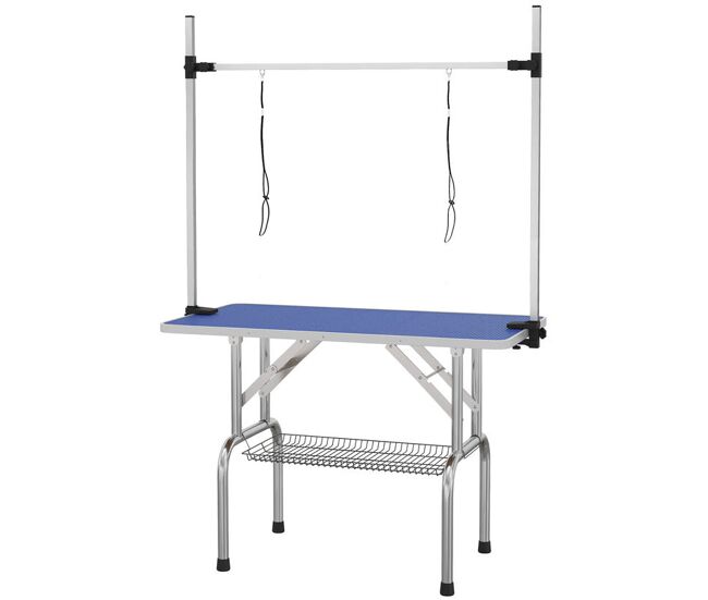 Pawhut mesa de peluquería canina plegable, mesa de aseo con cesta de rejilla metálica, encimera antideslizante, barra de acero inoxidable ajustable,