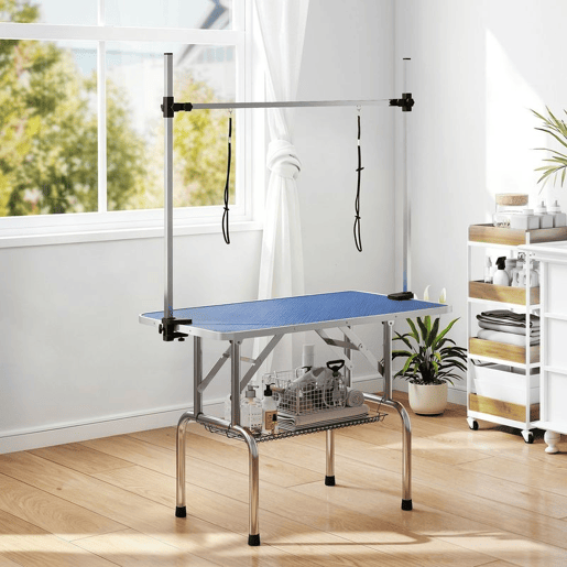 PawHut Mesa de Tosquia para Animais de Estimação Mesa de Tosquia para Cães Dobrável com Prateleira de Armazenamento Estrutura de Aço e Altura Ajustável 20-80 cm 107x60x170 cm Azul