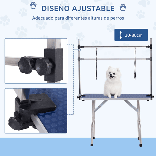 PawHut Mesa de Tosquia para Animais de Estimação Mesa de Tosquia para Cães Dobrável com Prateleira de Armazenamento Estrutura de Aço e Altura Ajustável 20-80 cm 107x60x170 cm Azul