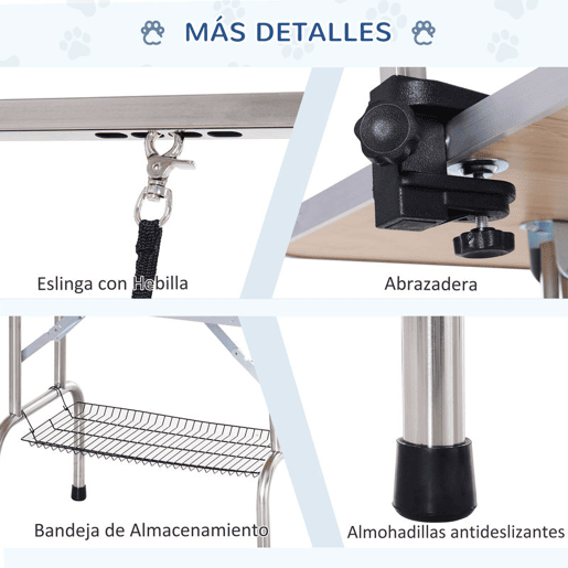 PawHut Mesa de Tosquia para Animais de Estimação Mesa de Tosquia para Cães Dobrável com Prateleira de Armazenamento Estrutura de Aço e Altura Ajustável 20-80 cm 107x60x170 cm Azul