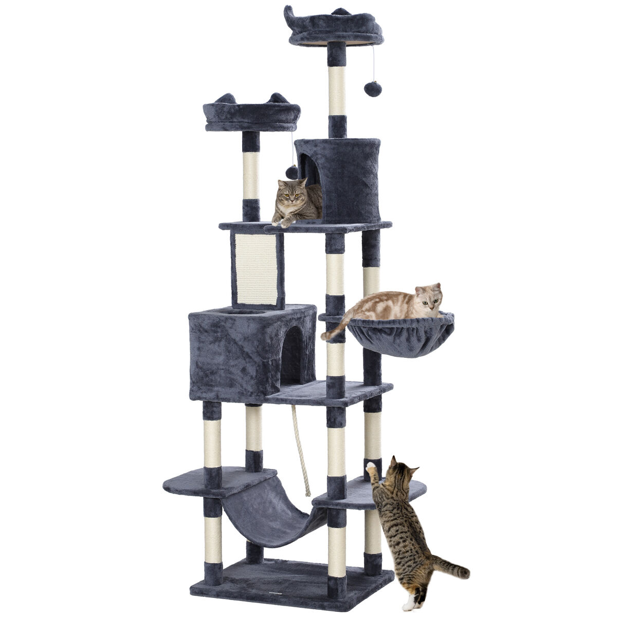 Pawhut rascador para gatos grande altura 206 cm árbol para gatos torre de escalera con plataformas cuevas bolas colgantes y hamacas gris oscuro