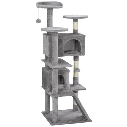 PawHut Arranhador para Gatos Altura 138 cm Arranhador para Gatos Torre de Escalada com Postes Arranhadores de Sisal Plataformas Cavernas Bolas Pendentes e Redes Cinza Claro