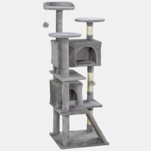 PawHut Arranhador para Gatos Altura 138 cm Arranhador para Gatos Torre de Escalada com Postes Arranhadores de Sisal Plataformas Cavernas Bolas Pendentes e Redes Cinza Claro