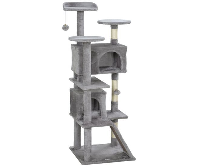 Pawhut rascador para gatos altura 138 cm árbol para gatos torre de escalada con postes rascadores de sisal plataformas cuevas bolas colgantes y