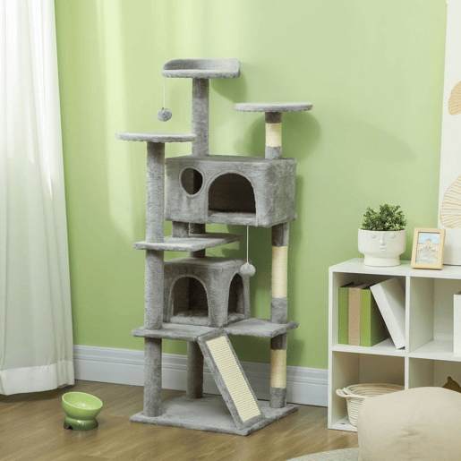 PawHut Arranhador para Gatos Altura 138 cm Arranhador para Gatos Torre de Escalada com Postes Arranhadores de Sisal Plataformas Cavernas Bolas Pendentes e Redes Cinza Claro