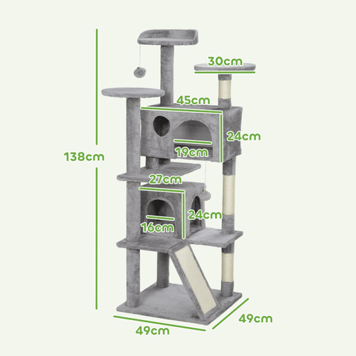 PawHut Arranhador para Gatos Altura 138 cm Arranhador para Gatos Torre de Escalada com Postes Arranhadores de Sisal Plataformas Cavernas Bolas Pendentes e Redes Cinza Claro