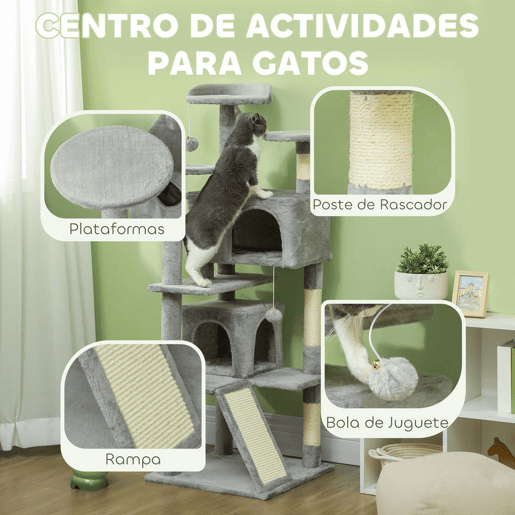 PawHut Arranhador para Gatos Altura 138 cm Arranhador para Gatos Torre de Escalada com Postes Arranhadores de Sisal Plataformas Cavernas Bolas Pendentes e Redes Cinza Claro