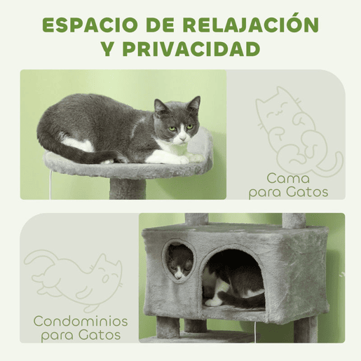 PawHut Arranhador para Gatos Altura 138 cm Arranhador para Gatos Torre de Escalada com Postes Arranhadores de Sisal Plataformas Cavernas Bolas Pendentes e Redes Cinza Claro