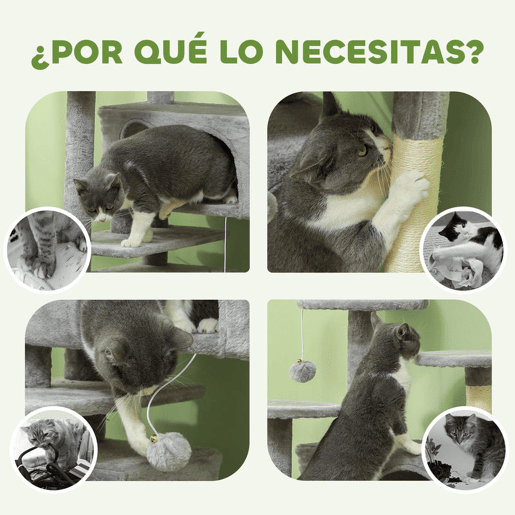 PawHut Arranhador para Gatos Altura 138 cm Arranhador para Gatos Torre de Escalada com Postes Arranhadores de Sisal Plataformas Cavernas Bolas Pendentes e Redes Cinza Claro