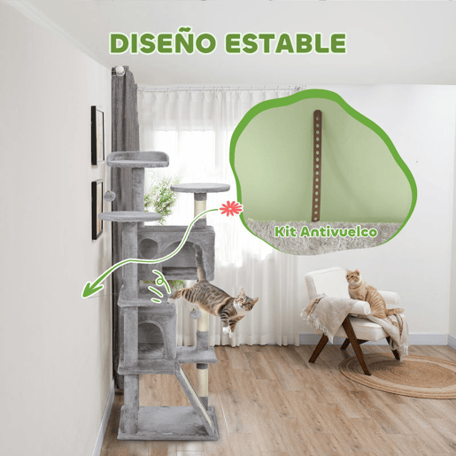 PawHut Arranhador para Gatos Altura 138 cm Arranhador para Gatos Torre de Escalada com Postes Arranhadores de Sisal Plataformas Cavernas Bolas Pendentes e Redes Cinza Claro