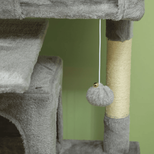 PawHut Arranhador para Gatos Altura 138 cm Arranhador para Gatos Torre de Escalada com Postes Arranhadores de Sisal Plataformas Cavernas Bolas Pendentes e Redes Cinza Claro