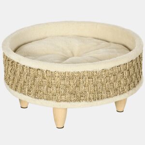 PawHut Cama Elevada para Gatos Cama para Cães Miniatura com Almofada Lavável Corda de Seagrass Estrutura de Madeira e Almofadas Antiderrapantes Sofá para Animais de Estimação para Interior Ø48x24,5 cm Bege