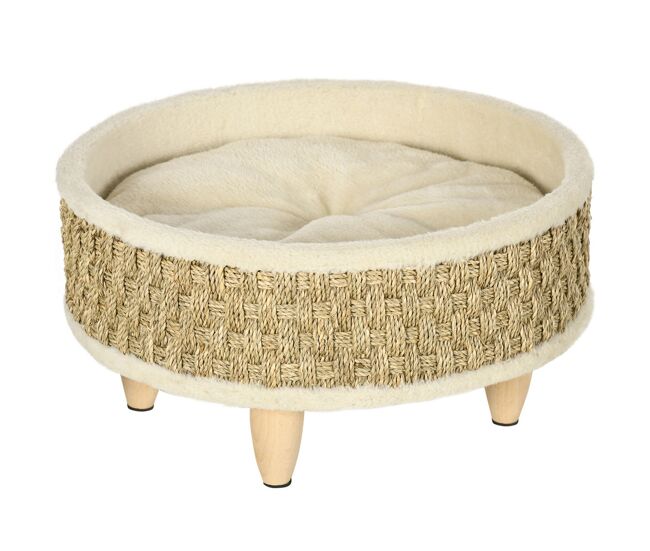 Pawhut cama elevada para perros cama para perros miniaturas con cojín lavable cuerda de seagrass marco de madera y alfombrillas antideslizantes sofá para mascotas para interior ø48x24,5 cm beige