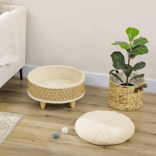 PawHut Cama Elevada para Gatos Cama para Cães Miniatura com Almofada Lavável Corda de Seagrass Estrutura de Madeira e Almofadas Antiderrapantes Sofá para Animais de Estimação para Interior Ø48x24,5 cm Bege