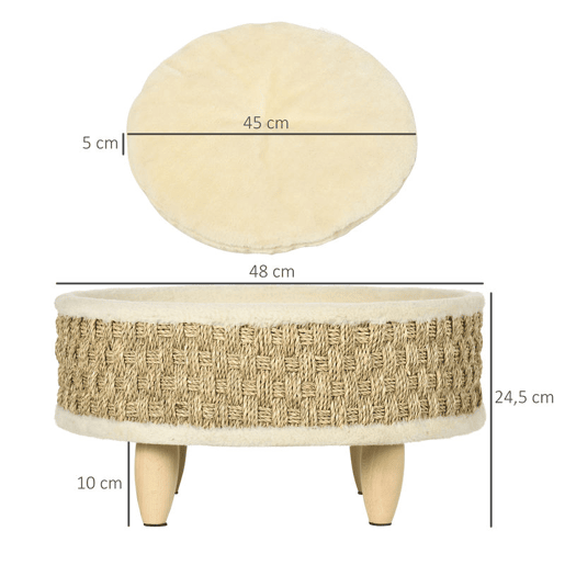 PawHut Cama Elevada para Gatos Cama para Cães Miniatura com Almofada Lavável Corda de Seagrass Estrutura de Madeira e Almofadas Antiderrapantes Sofá para Animais de Estimação para Interior Ø48x24,5 cm Bege