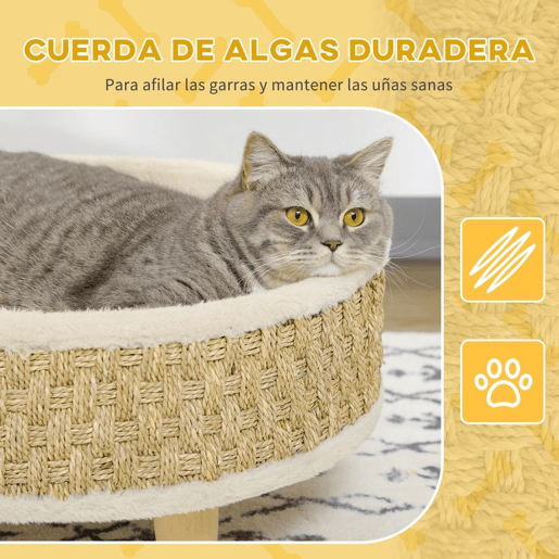 PawHut Cama Elevada para Gatos Cama para Cães Miniatura com Almofada Lavável Corda de Seagrass Estrutura de Madeira e Almofadas Antiderrapantes Sofá para Animais de Estimação para Interior Ø48x24,5 cm Bege