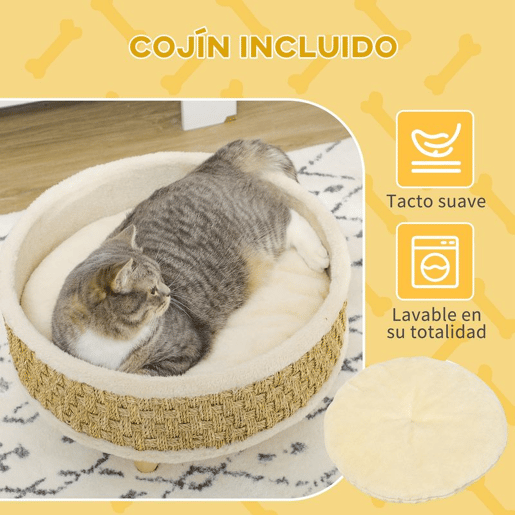 PawHut Cama Elevada para Gatos Cama para Cães Miniatura com Almofada Lavável Corda de Seagrass Estrutura de Madeira e Almofadas Antiderrapantes Sofá para Animais de Estimação para Interior Ø48x24,5 cm Bege
