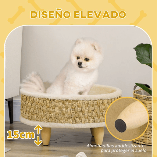 PawHut Cama Elevada para Gatos Cama para Cães Miniatura com Almofada Lavável Corda de Seagrass Estrutura de Madeira e Almofadas Antiderrapantes Sofá para Animais de Estimação para Interior Ø48x24,5 cm Bege