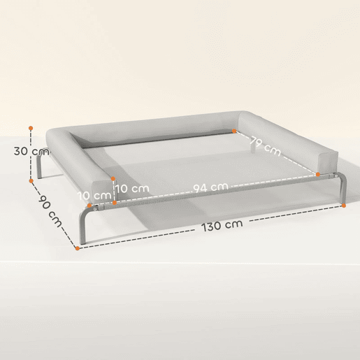 PawHut Cama Elevada para Cães com Latertais Amovíveis Cama Elevada para Cães Grandes Portátil com Malha Respirável Estrutura de Aço para Interior e Exterior 130x90x30 cm Cinza Claro