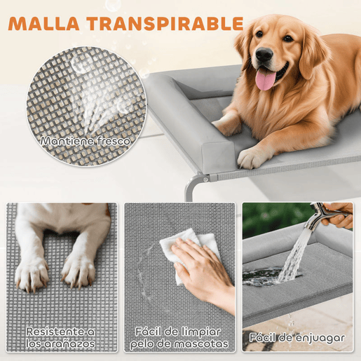 PawHut Cama Elevada para Cães com Latertais Amovíveis Cama Elevada para Cães Grandes Portátil com Malha Respirável Estrutura de Aço para Interior e Exterior 130x90x30 cm Cinza Claro