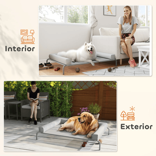 PawHut Cama Elevada para Cães com Latertais Amovíveis Cama Elevada para Cães Grandes Portátil com Malha Respirável Estrutura de Aço para Interior e Exterior 130x90x30 cm Cinza Claro