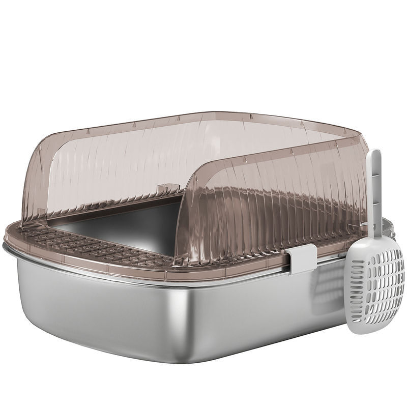 Pawhut arenero para gatos extragrande caja de arena con bandeja de acero inoxidable bordes altos pala y zona para caída de arena sin olor fácil limpieza gris