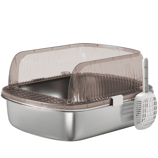 PawHut Caixa de Areia para Gatos Coberto Extra Grande Caixa de Areia Fechada com Bandeja em Aço Inoxidável Bordas Altas Pá e Zona para Queda de Areia para Gatos Grandes 53x42x27 cm Cinzento