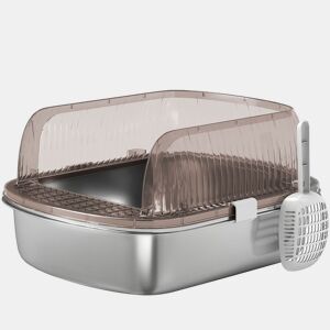 PawHut Caixa de Areia para Gatos Coberto Extra Grande Caixa de Areia Fechada com Bandeja em Aço Inoxidável Bordas Altas Pá e Zona para Queda de Areia para Gatos Grandes 53x42x27 cm Cinzento