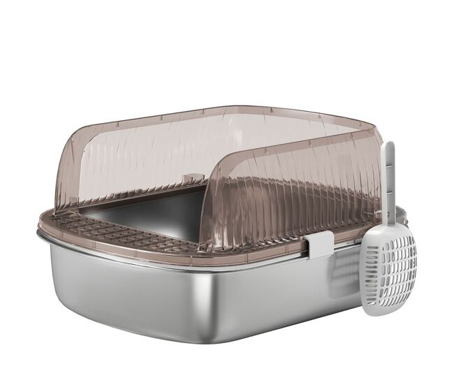 Pawhut arenero para gatos extragrande caja de arena con bandeja de acero inoxidable bordes altos pala y zona para caída de arena sin olor fácil limpieza gris
