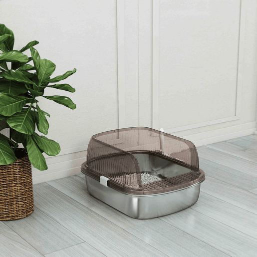 PawHut Caixa de Areia para Gatos Coberto Extra Grande Caixa de Areia Fechada com Bandeja em Aço Inoxidável Bordas Altas Pá e Zona para Queda de Areia para Gatos Grandes 53x42x27 cm Cinzento