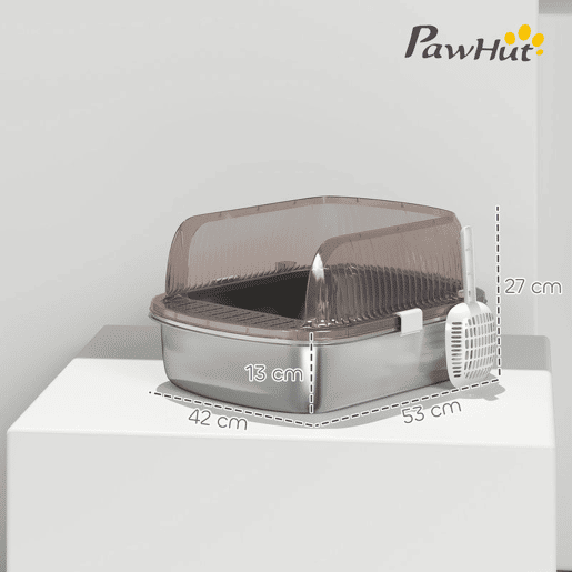 PawHut Caixa de Areia para Gatos Coberto Extra Grande Caixa de Areia Fechada com Bandeja em Aço Inoxidável Bordas Altas Pá e Zona para Queda de Areia para Gatos Grandes 53x42x27 cm Cinzento