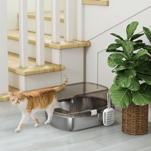 PawHut Caixa de Areia para Gatos Coberto Extra Grande Caixa de Areia Fechada com Bandeja em Aço Inoxidável Bordas Altas Pá e Zona para Queda de Areia para Gatos Grandes 53x42x27 cm Cinzento