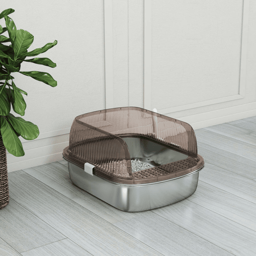 PawHut Caixa de Areia para Gatos Coberto Extra Grande Caixa de Areia Fechada com Bandeja em Aço Inoxidável Bordas Altas Pá e Zona para Queda de Areia para Gatos Grandes 53x42x27 cm Cinzento