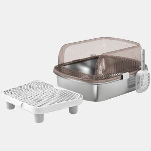 PawHut Caixa de Areia para Gatos Coberto Extra Grande Caixa de Areia Fechada com Bandejaem Aço Inoxidável Bordas Altas Pá Degrau Zona para Queda de Areia para Gatos Grandes 53x42x27 cm Cinzento