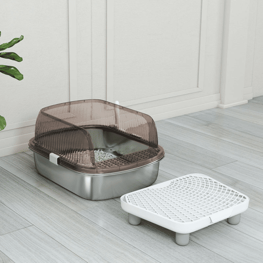 PawHut Caixa de Areia para Gatos Coberto Extra Grande Caixa de Areia Fechada com Bandejaem Aço Inoxidável Bordas Altas Pá Degrau Zona para Queda de Areia para Gatos Grandes 53x42x27 cm Cinzento