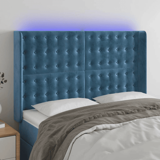 vidaXL Cabeceira cama c luzes LED veludo 147x16x118128cm azul-escuro