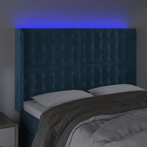 vidaXL Cabeceira cama c luzes LED veludo 147x16x118128cm azul-escuro