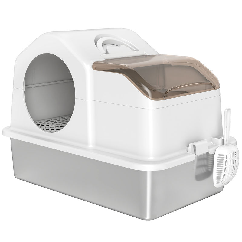 Pawhut arenero para gatos cubierto extragrande caja de arena cerrado con bandeja de acero inoxidable tapa extraíble bordes altos tapetes pala sin olor fácil de limpiar para gatos grandes blanco