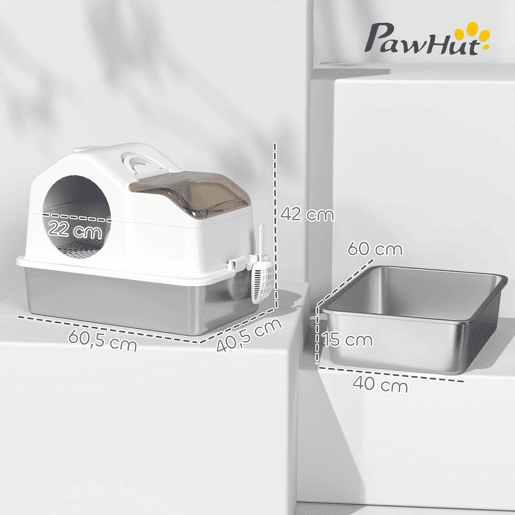 PawHut Caixa de Areia para Gatos Coberta Caixa de Areia Fechada com Bandeja de Aço Inoxidável Tampa Removível Bordos Altos Tapetes Pá sem Olor Fácil de Limpar para Gatos Grandes 60,5x40,5x42 cm Branco