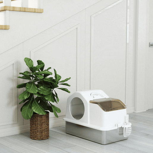 PawHut Caixa de Areia para Gatos Coberta Caixa de Areia Fechada com Bandeja de Aço Inoxidável Tampa Removível Bordos Altos Tapetes Pá sem Olor Fácil de Limpar para Gatos Grandes 60,5x40,5x42 cm Branco